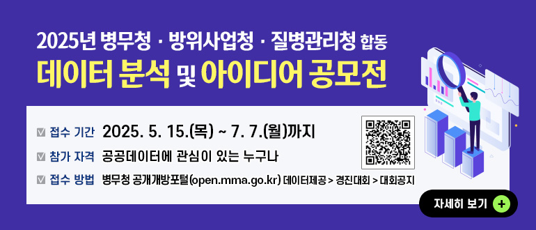 2025년 병무청, 방위사업청, 질병관리청 합동 데이터 분석 및 아이디어 공모전
접수 기간 : 2025.5.15.(목) ~ 7.7.(월)까지
참가 자격 : 공공데이터에 관심이 있는 누구나
접수 방법 : 병무청 공개개방포털(open.mma.go.kr) 데이터제공 > 경진대회 > 대회공지
자세히보기+
